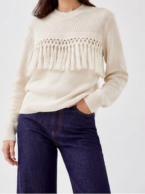 PEARL BY LELA ROSE Boho Cream Fringe Cotton Blend Crewneck Sweater